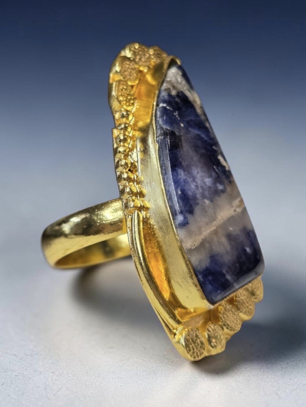 Oversized 18k Gold Plated Artisan Cosmic Sodalite Stone Statement Ring - Picture 2 of 6